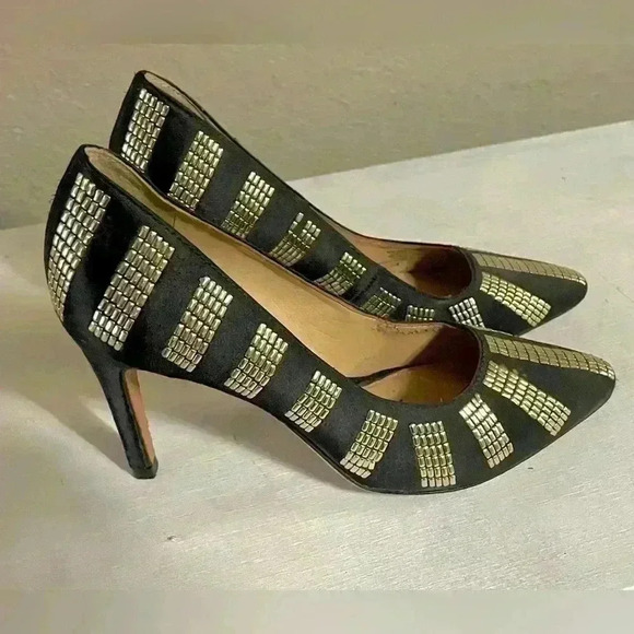ANTONIO MELANI, black/gold studs, pointed toe, 3 1/2" heel, SZ: 6.5M - Picture 5 of 11
